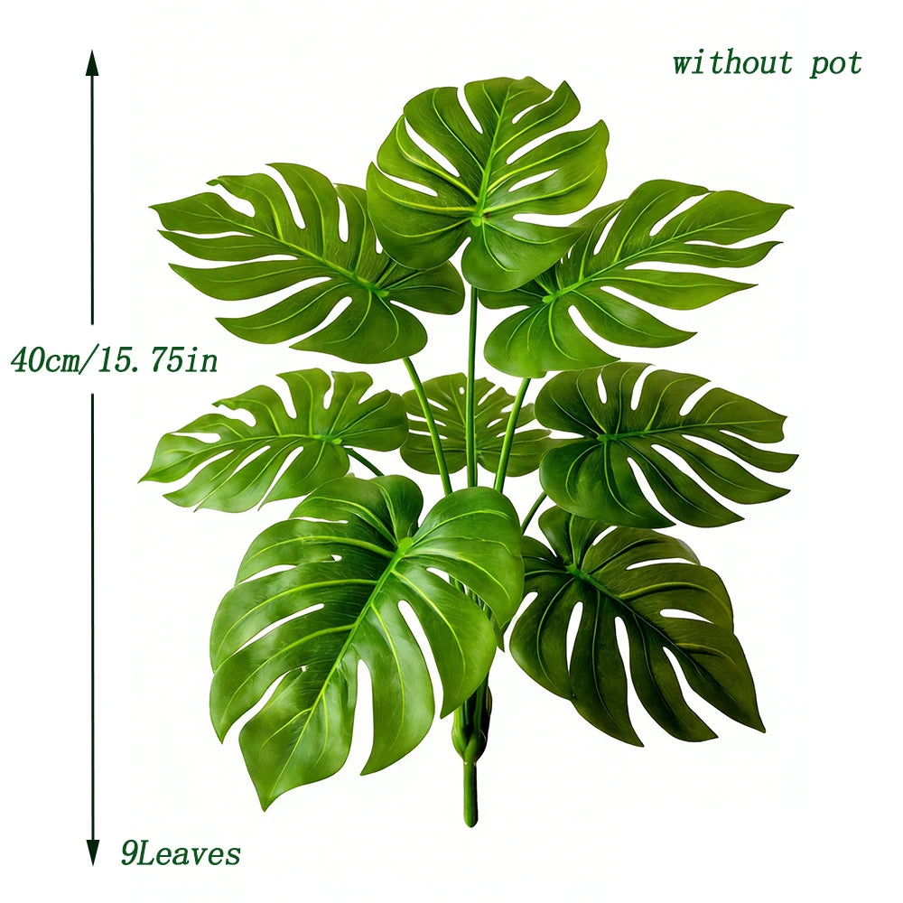 Décoration maison plante artificielle monstera feuilles vertes pot cannelé tropical moderne bohème