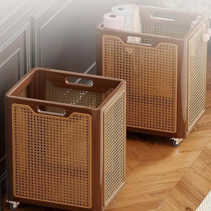 panier tressé moderne roulettes rangement marron foncé utilisation multiple bois chambre coucher salle bain
