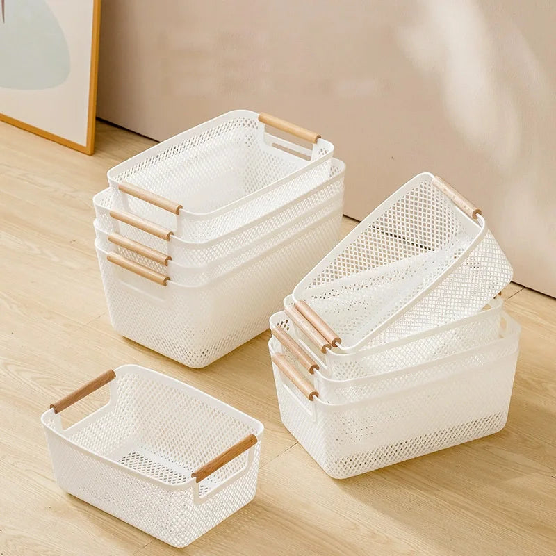 panier rangement maille fine plastique respectueux l'environnement blanc moderne poignées bois taille