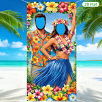 toile fond motif tropical hibiscus palmier anniversaire mariage fête enfant multicolore illustration