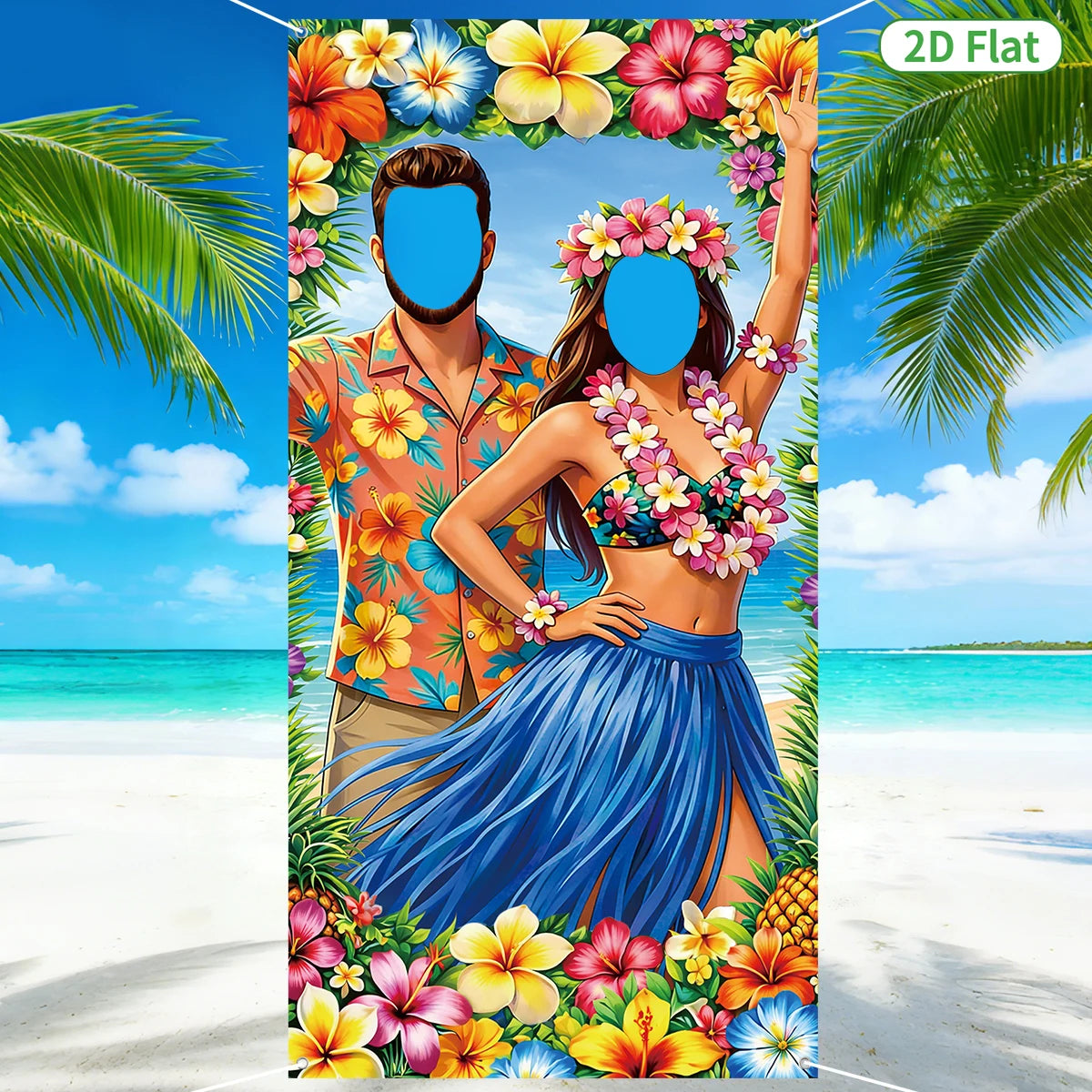 toile fond motif tropical hibiscus palmier anniversaire mariage fête enfant multicolore illustration