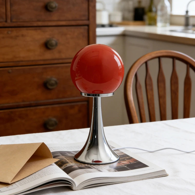 lampe table moderne minimaliste sphérique brillante orange rouge blanc noir prise usb