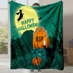 Une affiche d'Halloween festive avec une sorcière volant sur son balai, un cimetière avec une pierre tombale et des citrouilles dans un décor sombre et mystérieux.