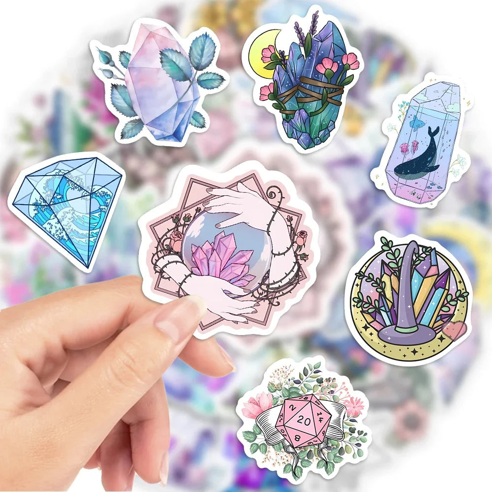 sticker illustration artistique violet bleu blanc fleurs lunes géométrique adhésif transparent portable téléphone ordinateur