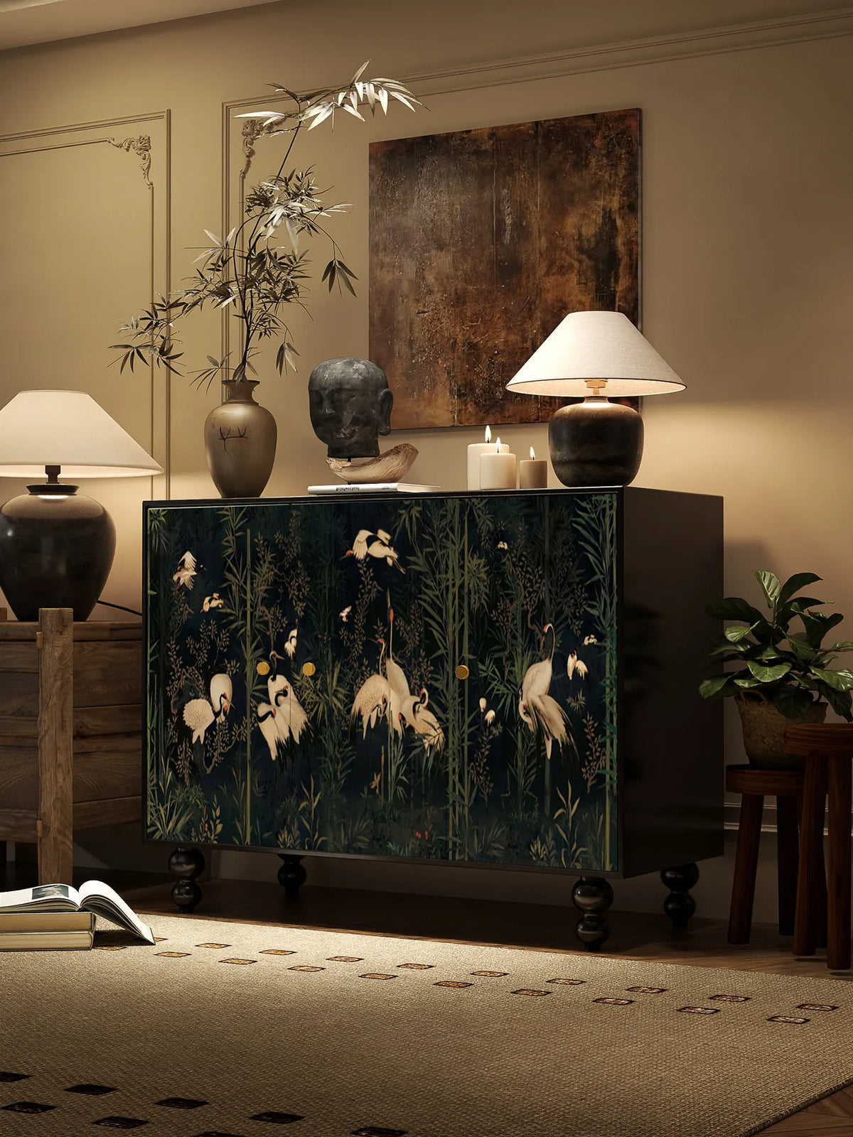 meuble salon quatre portes artisanal bois rouge jaune noir bleu