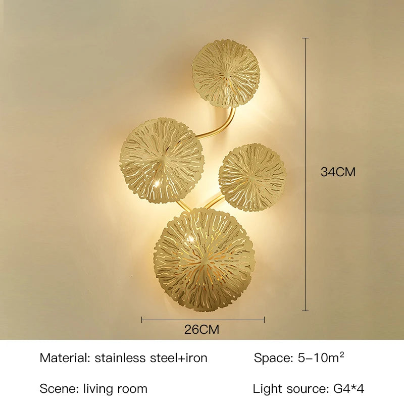 Applique murale dorée feuilles stylisées éclairage contemporain ampoules LED cuisine chambre coucher entrée