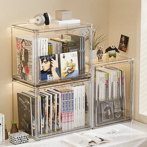 boîtes rangement transparentes modernes minimalistes empilables poignées livres magazines cd vinyles organisateur