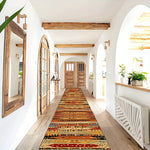 tapis runner ethnique motifs géométriques polyester imperméable rouge orange bleu