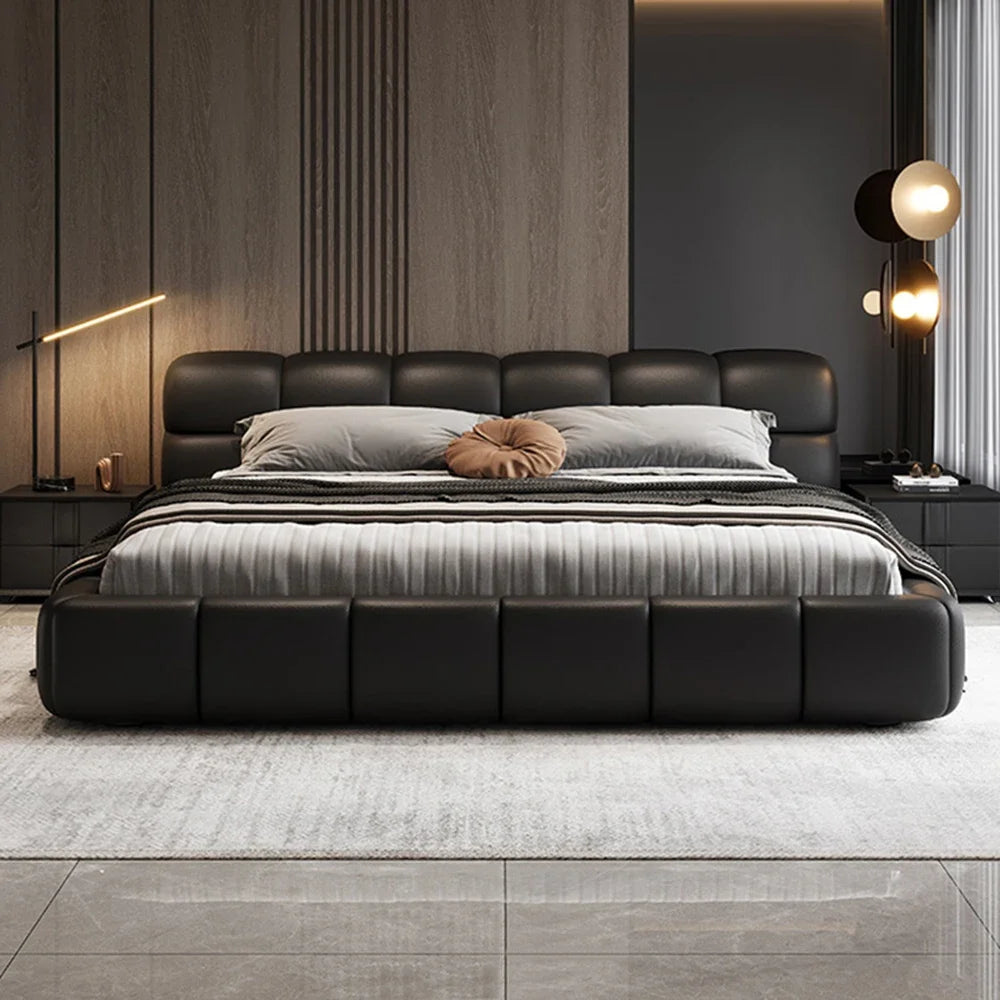 lit moderne noir simili cuir 165cm 195cm 215cm oreiller couverture chambre coucher