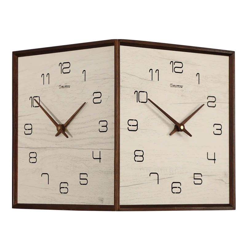 horloge murale moderne double face bois texture minimaliste date heure salon