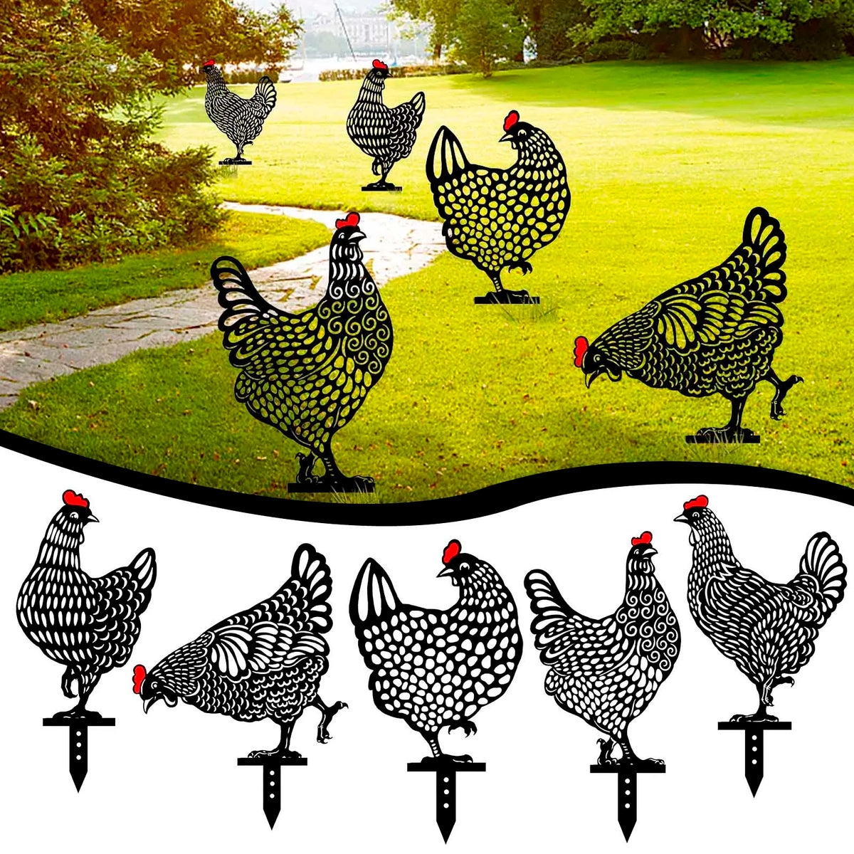 ornement jardin sculpture poule noire points blancs artisanal piquet métallique extérieur décoration