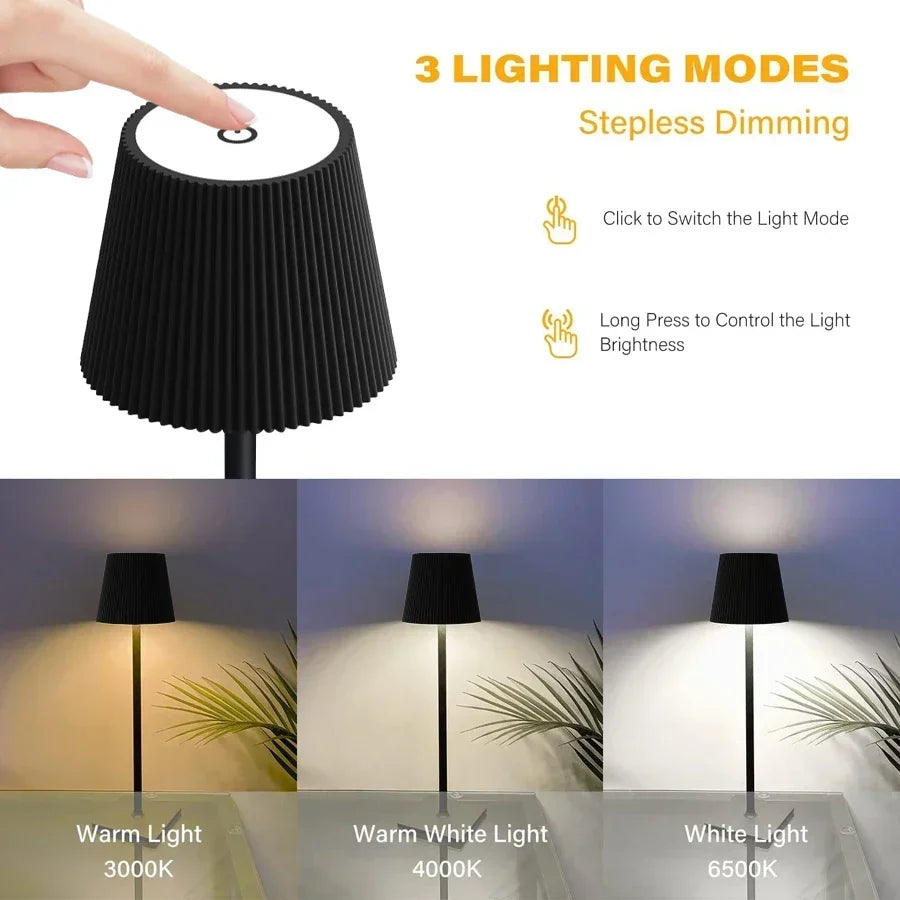 lampe moderne rechargeable interrupteur tactile noir blanc plissé abat jour led dimmable