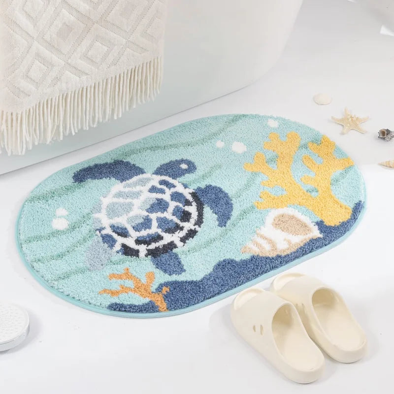 tapis bain antidérapant polyester motif méduse marine vert clair rose jaune bleu blanc moderne