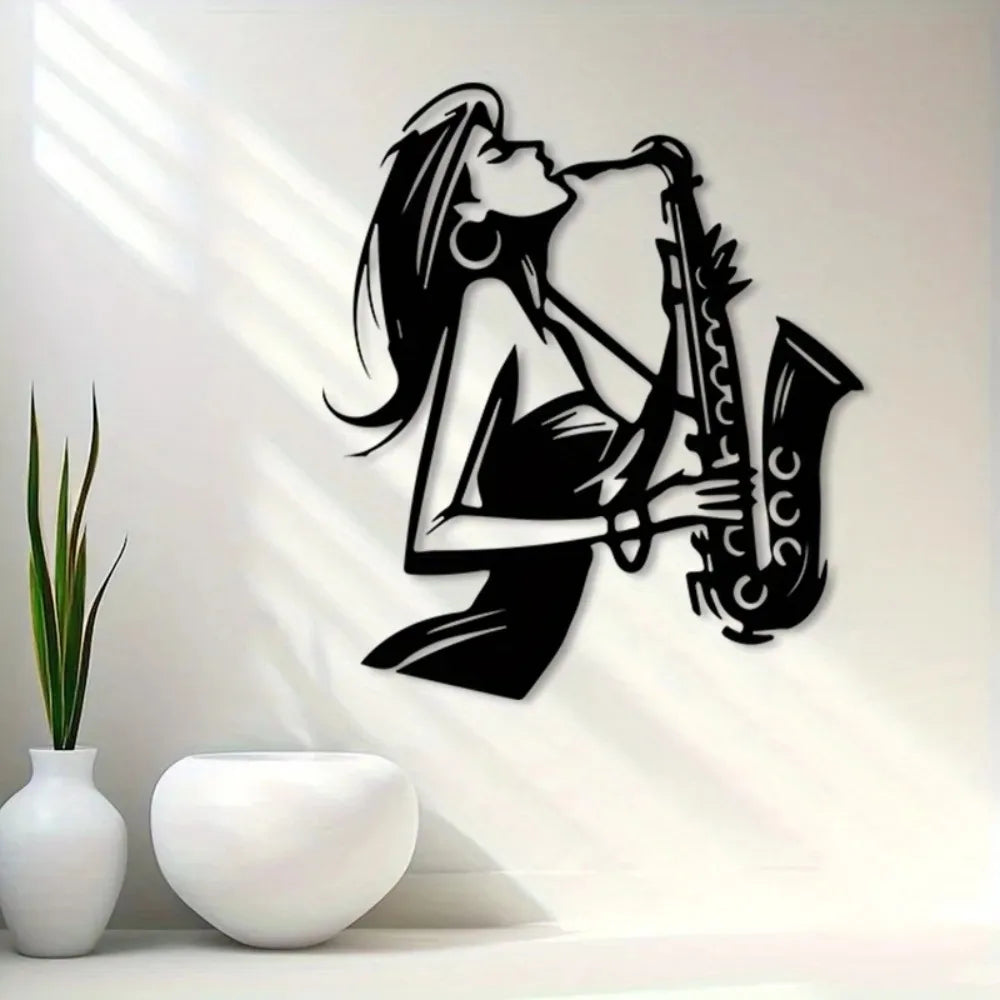 peinture murale noir femme saxophone artiste décoration murale illustration jazz opaquement