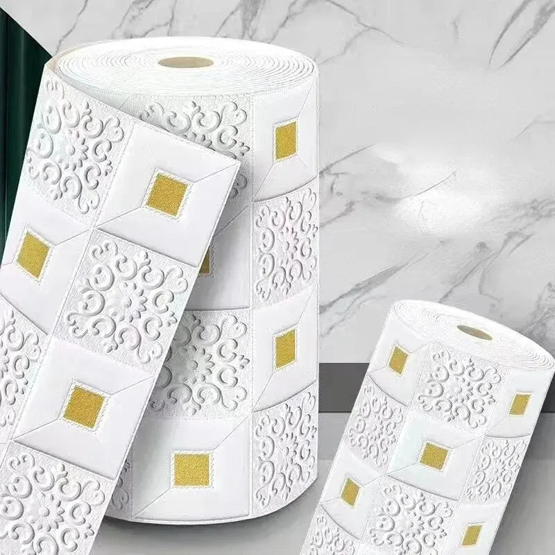 décoration murale 3d autocollant ornements floraux carrés dorés moderne blanc or 70cmx1m