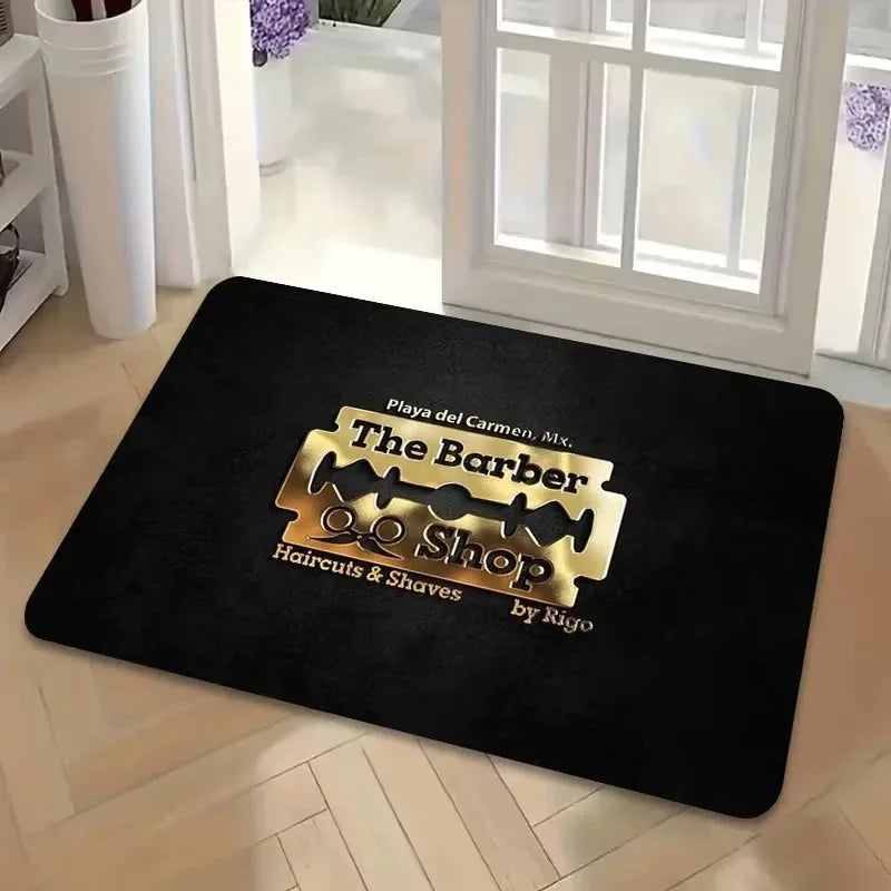 tapis salon moderne noir beige doré lettrage ciseaux floral imperméable antidérapant polyester