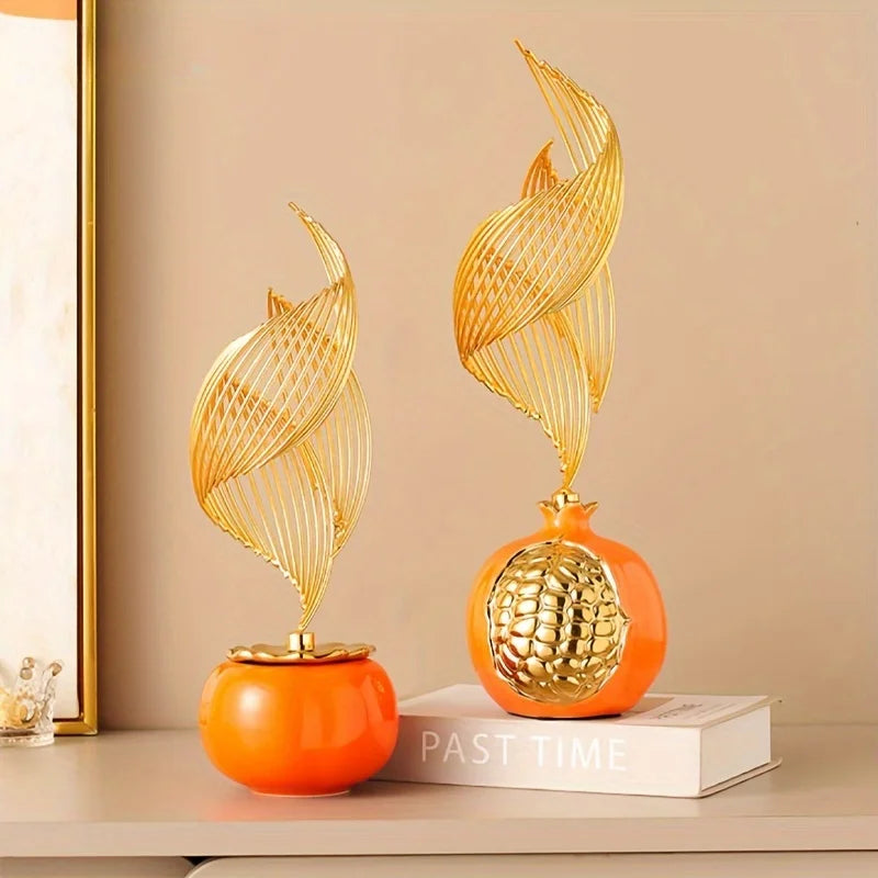 sculptures décoratives modernes feuilles stylisées couleurs or vert blanc artistiques salon