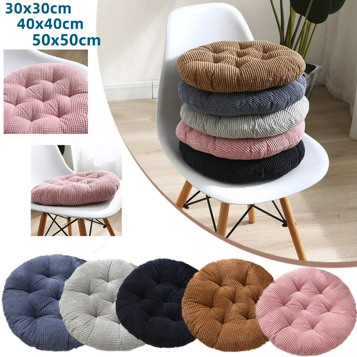 Coussin rond velours côtelé violet sur chaise de bureau