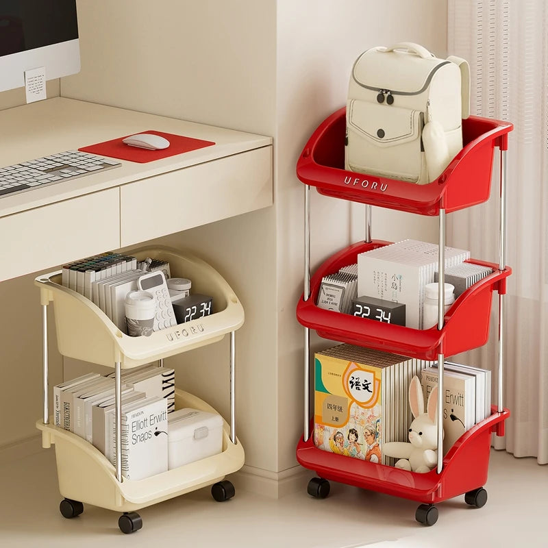 chariot rangement roulant stockage livres sacs dos organisation maison moderne vert rouge beige