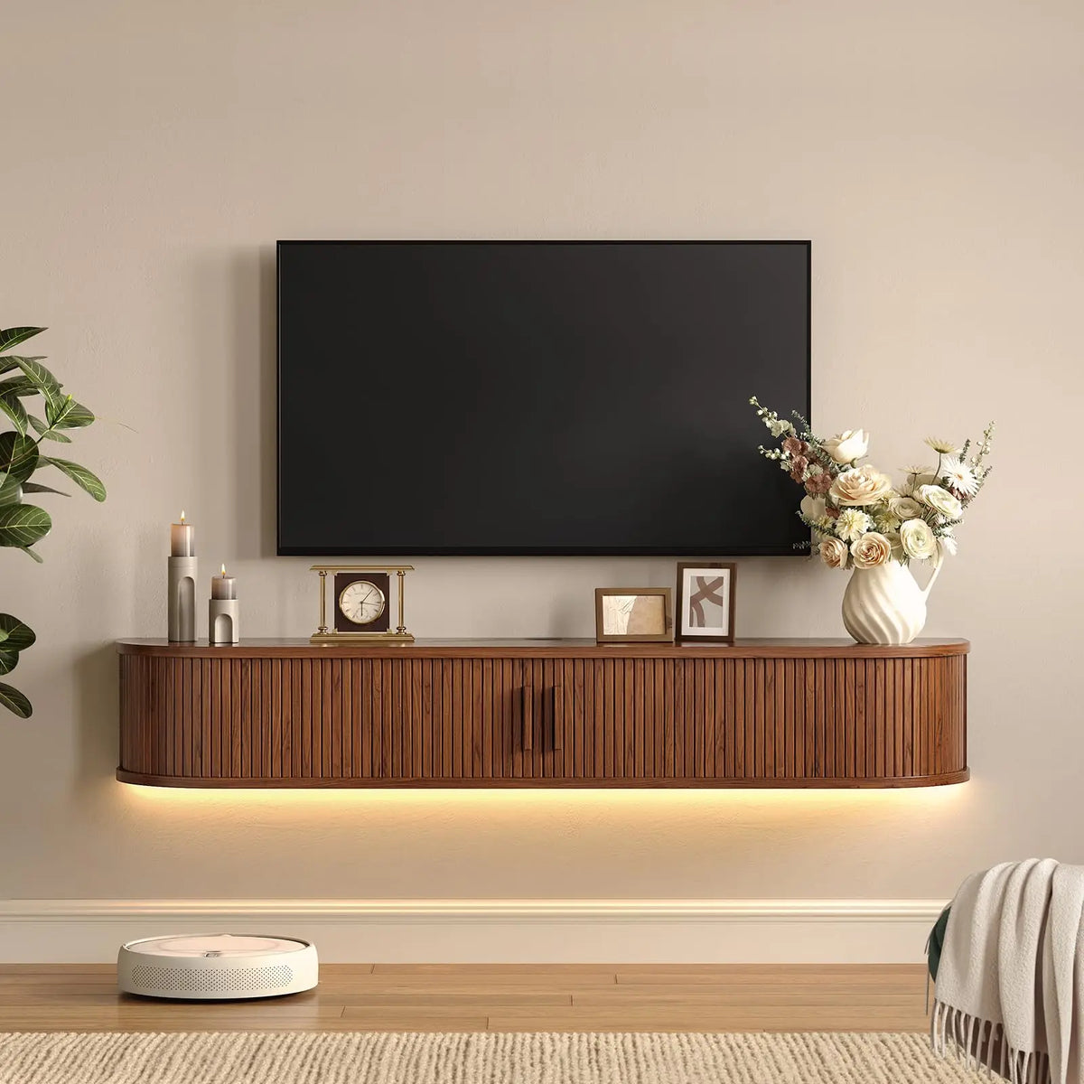 meuble tv flottant bois coulissante éclairage led porte coulissante support tv grande taille décoration