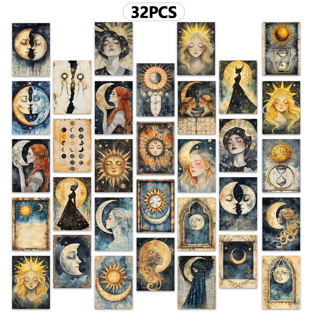 cartes postales illustratives art nouveau soleil lune femmes enveloppes stylo plante decoration chambre