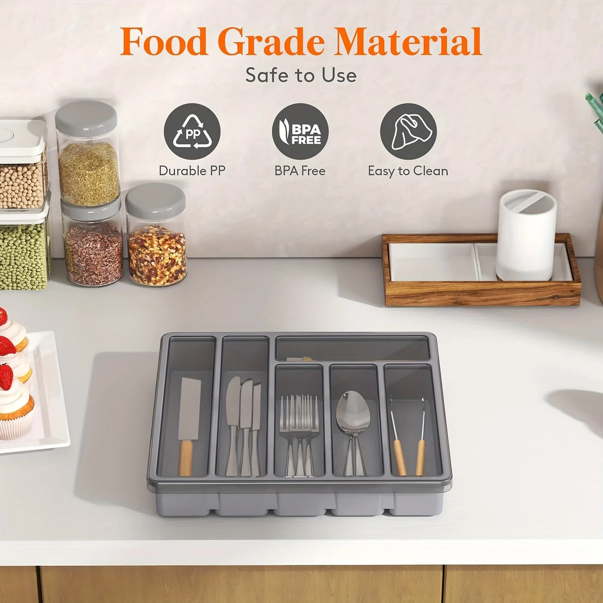 organisateur couverts gris moderne rangement fourchettes cuillères couteaux vaisselle cuisine plate lisse pratique efficace