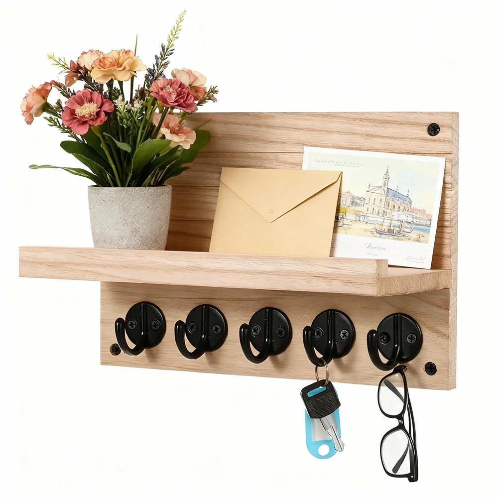 porte clés mural bois étagère moderne vis fixations plantes artificielles cartes postales clés lunettes