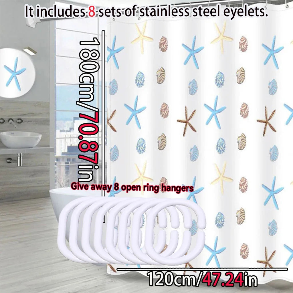 rideau douche étoiles mer coquillages opacité moderne inoxydables blanc bleu clair beige marron clair