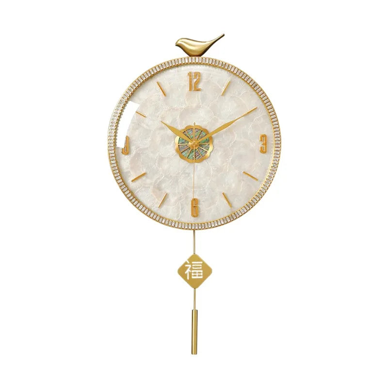 horloge murale moderne or blanc motif marbré cristaux oiseau chinois