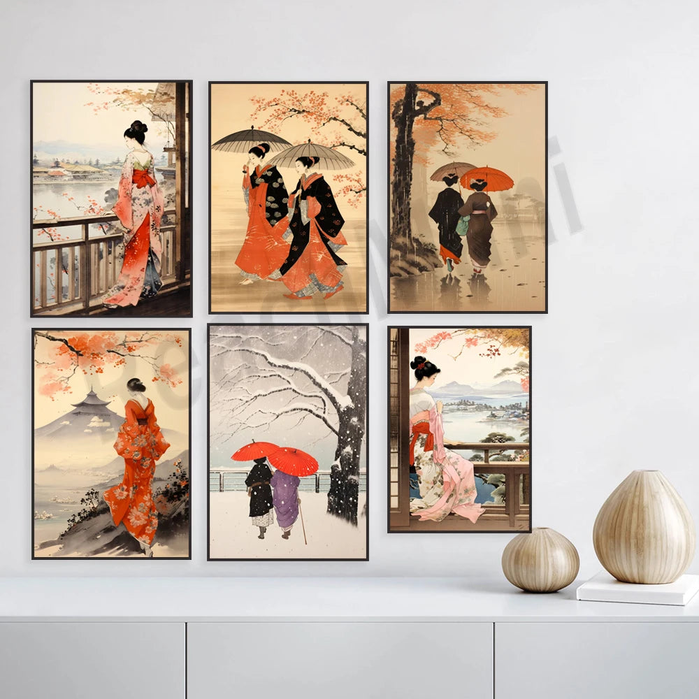 Une série d'affiches représentant des scènes traditionnelles japonaises avec des femmes en kimono dans des paysages saisonniers.