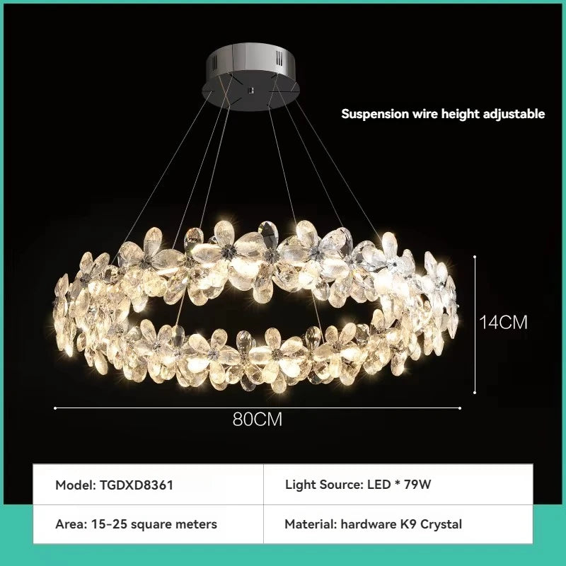 Suspension lumineuse moderne transparente argentée fleurs cristal 3000k 6000k chambre salon