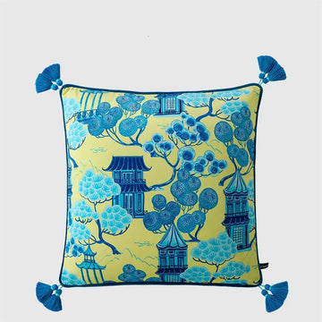 housse coussin carré velours bleu motif paysage traditionnel pagode tassel vintage décoratif