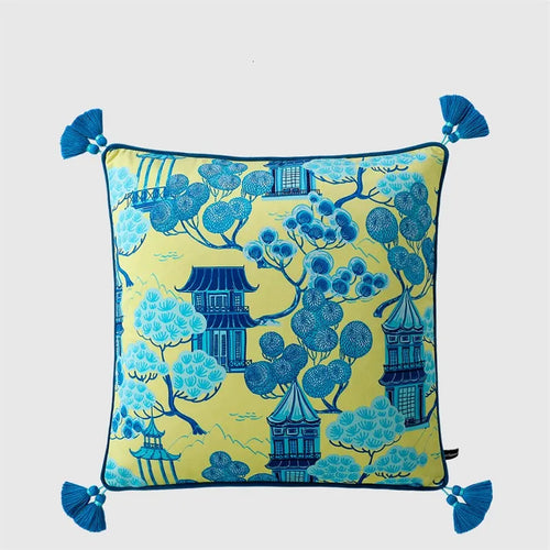 housse coussin carré velours bleu motif paysage traditionnel pagode tassel vintage décoratif