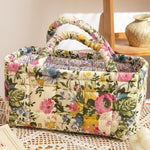 sac main fleur bleu vert beige réutilisable poignées vintage opacité multifonction portable