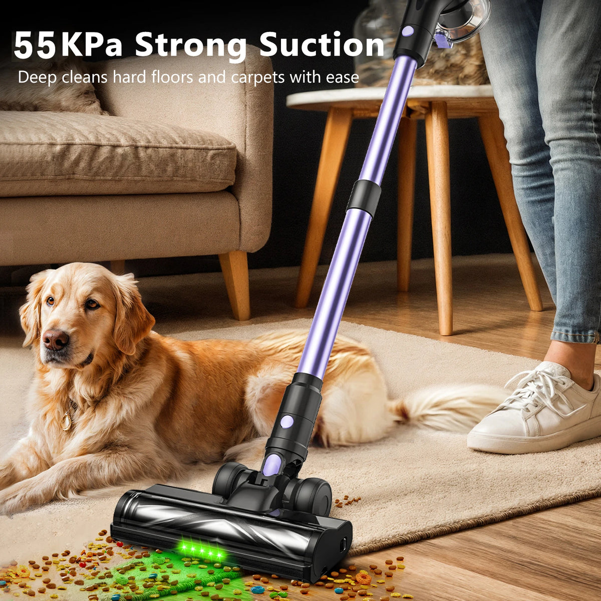 aspirateur sans fil violet noir brosse multifonctionnelle batterie lithium led display tapis poils animaux