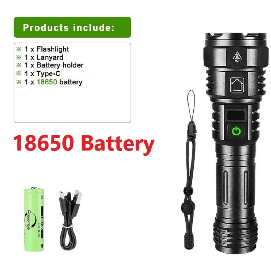lampe torche noire led 98w modes rechargeable usb type robuste camping
