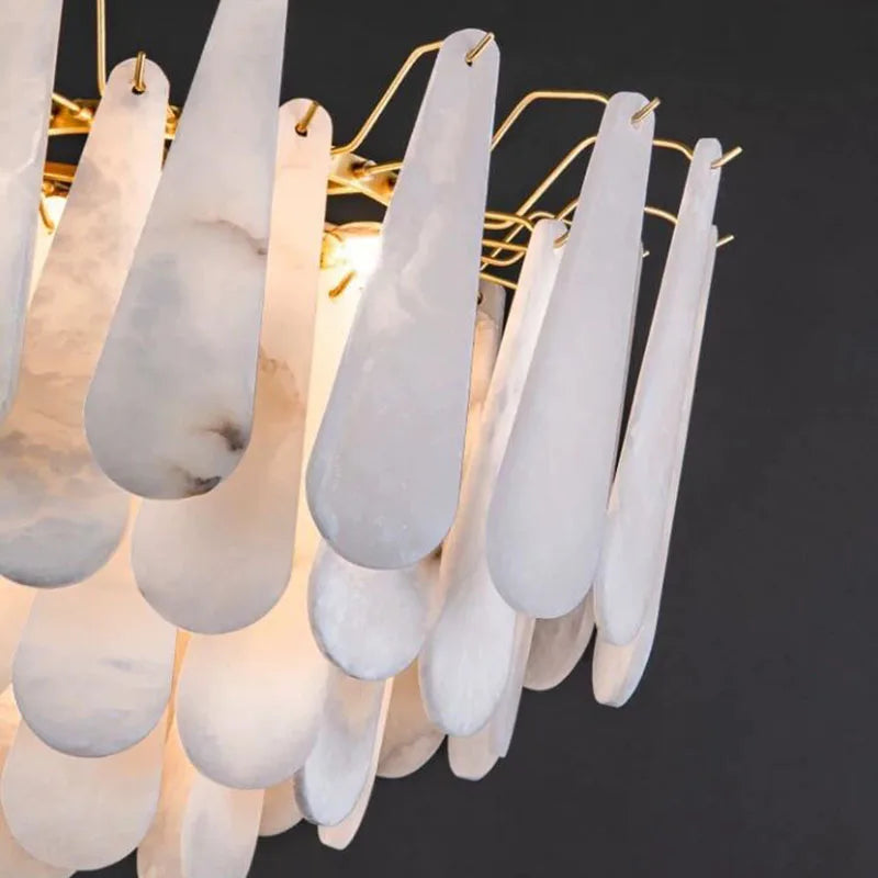 lustre moderne cuivre blanc marbre feuilles semi transparent salon chambre