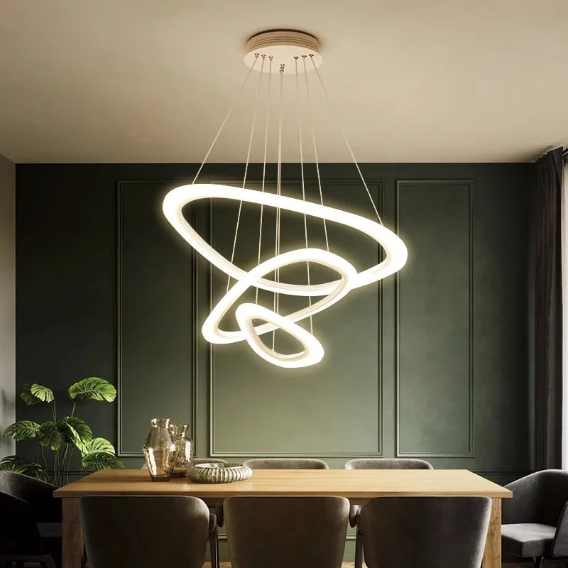 suspension lumineuse moderne trois cercles blanc doré vert foncé télécommande inclusion chambre salon