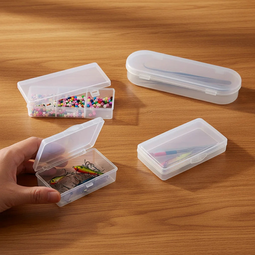 boîtes rangement transparentes clips bijoux multicolores pièces métalliques modernes respectueux environnement
