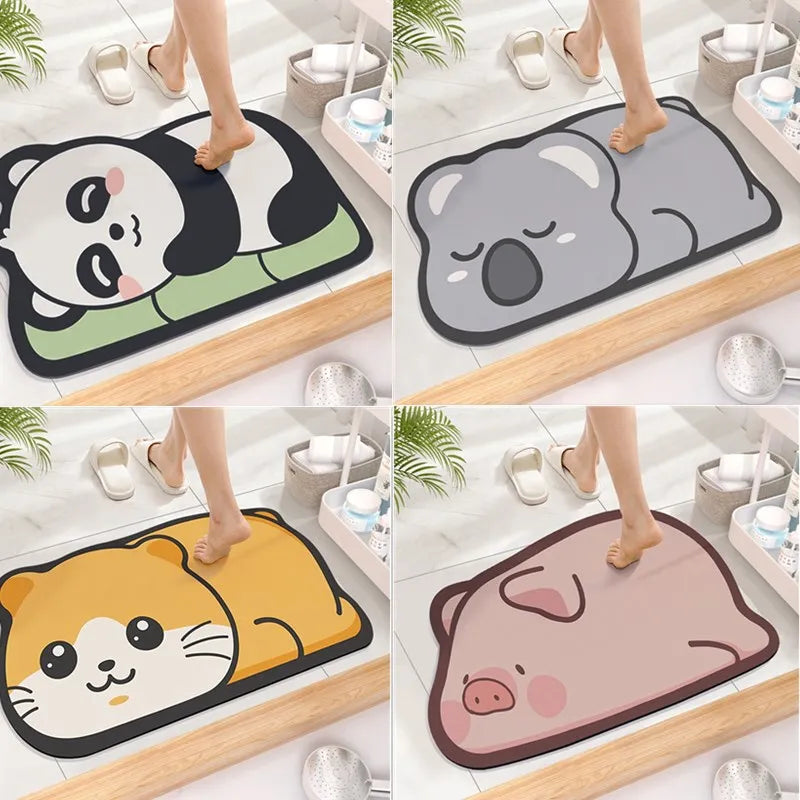tapis bain absorbant antidérapant animaux cartoon noir blanc vert pandas koalas chats cochons