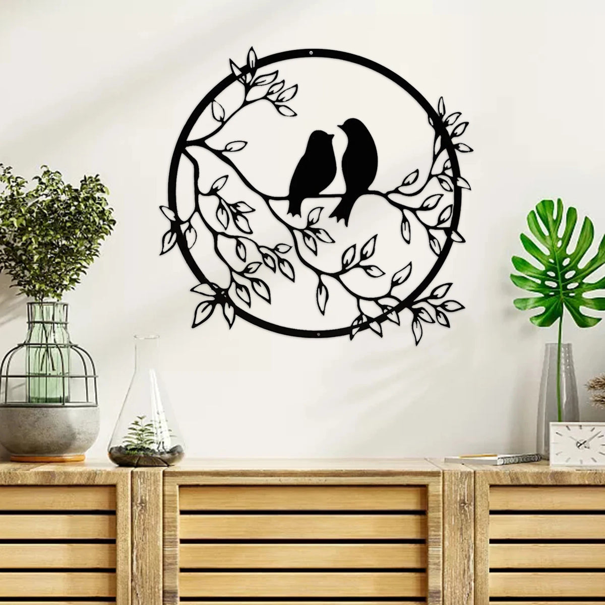 décoration murale oiseaux branche feuilles minimaliste noir contemporainintérieur ambiance paisible art mural robuste métal