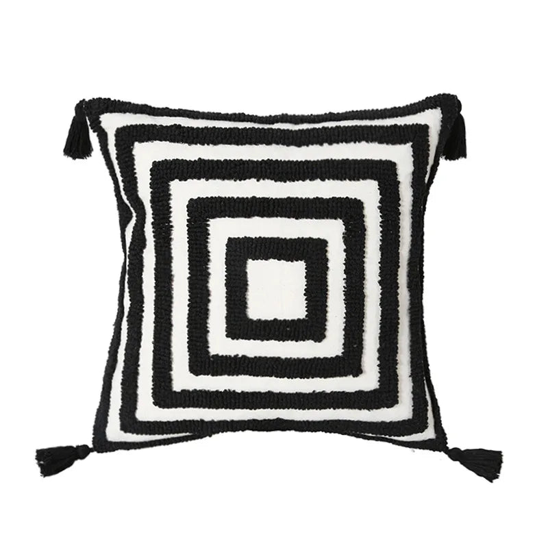 coussin décoratif moderne motif géométrique jaune gris beige texture bouclée canapé salon