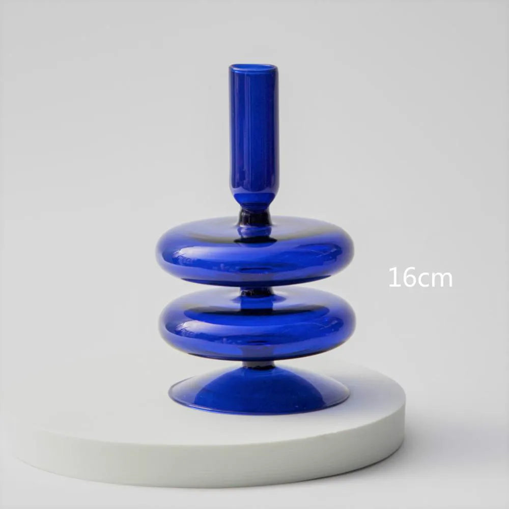 bougeoir moderne verre bleu cobalt texture ondulée décoration intérieure vase support blanc bougie blanche