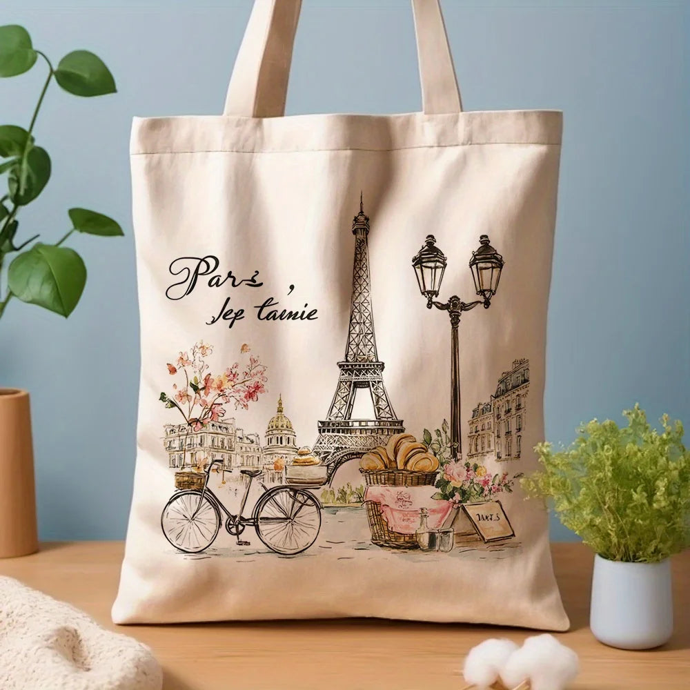 sac main toile illustration paris tour eiffel lanternes vintage doux beige clair fleurs