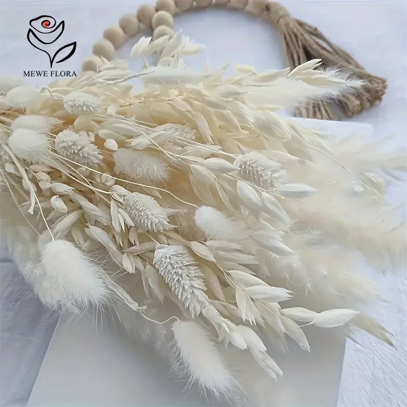 bouquet fleurs séchées pampas blanches décoration intérieure mariage anniversaire boho bois ruban jute vase