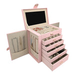 boîte bijoux simili cuir moderne noir rose blanc poignées métalliques rangements multiples velours intérieur