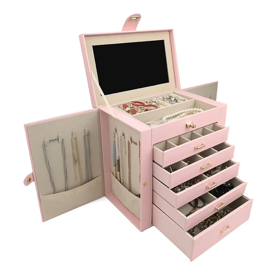boîte bijoux simili cuir moderne noir rose blanc poignées métalliques rangements multiples velours intérieur