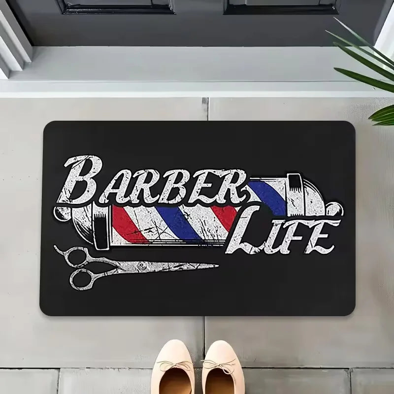 tapis sol antidérapant vintage motif barbier bienvenue noir rouge bleu salon bain extérieur 50x80cm