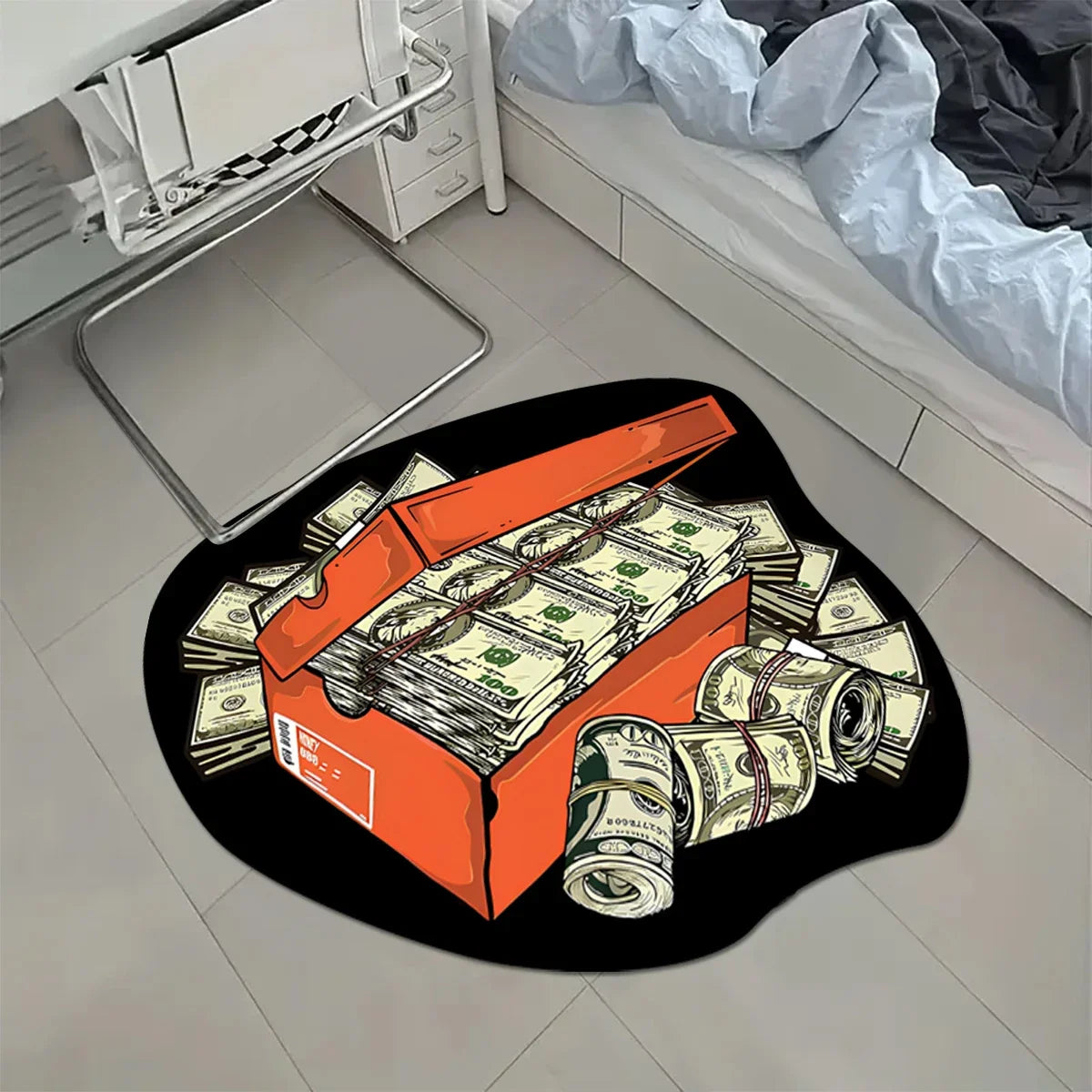 tapis moderne noir orange blanc motif billets banque carreaux salon chambre