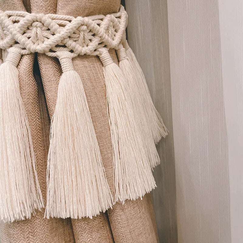 rideau boho chic macramé franges coton solide beige clair accessoires fenêtre pastorale